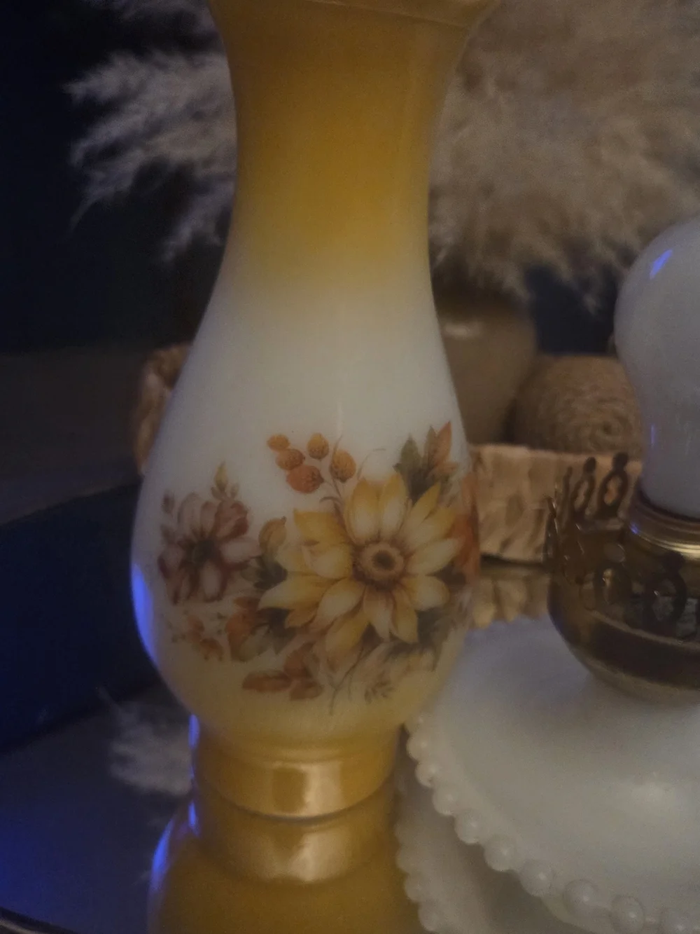 Vintage 70s Hand Painted Milk Glass Electric Hurricane Table | Boudoir Lamp